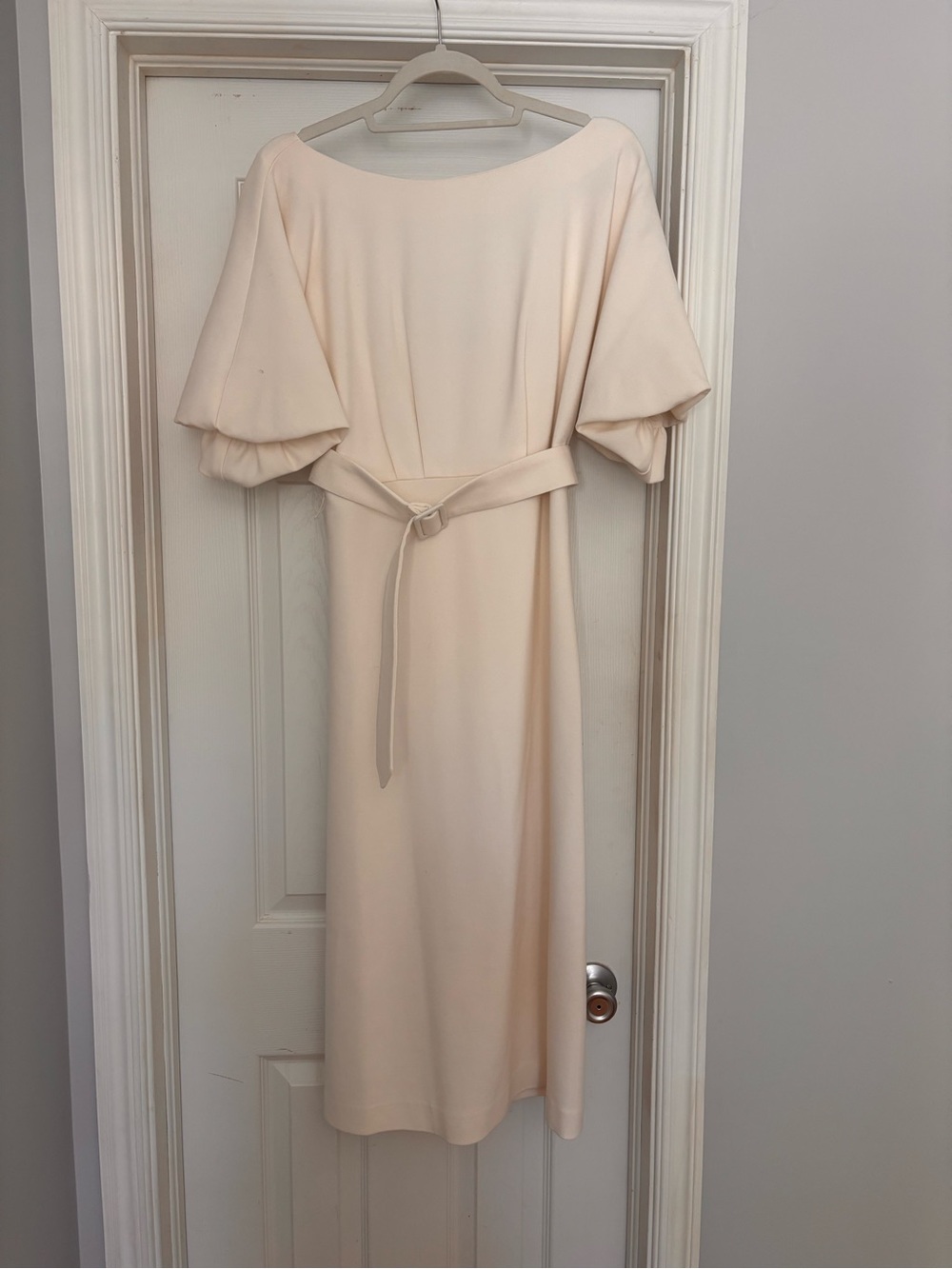 Ann Taylor Winter Midi White Puff Sleeve Sheath Dress with Belt